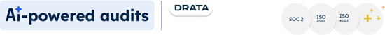 "AI-powered audits" + Drata logo and "Drata Starter" text "SOC 2, ISO 27001, ISO 42001"