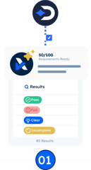 Drata logo moving into AI audits screen with 'pass, fail, clear, incomplete' toggles