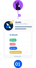 Vanta logo moving into AI audits screen with 'pass, fail, clear, incomplete' toggles